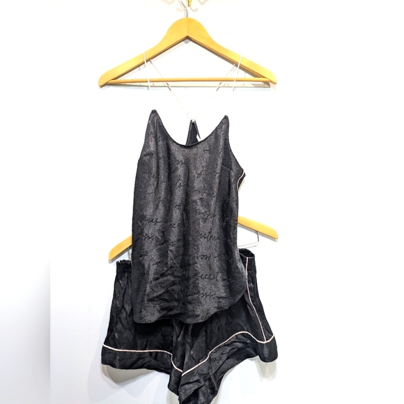 Victoria's Secret Satin Pajama Set M Black Pink Logo Racerback Shorts - Picture 1 of 10